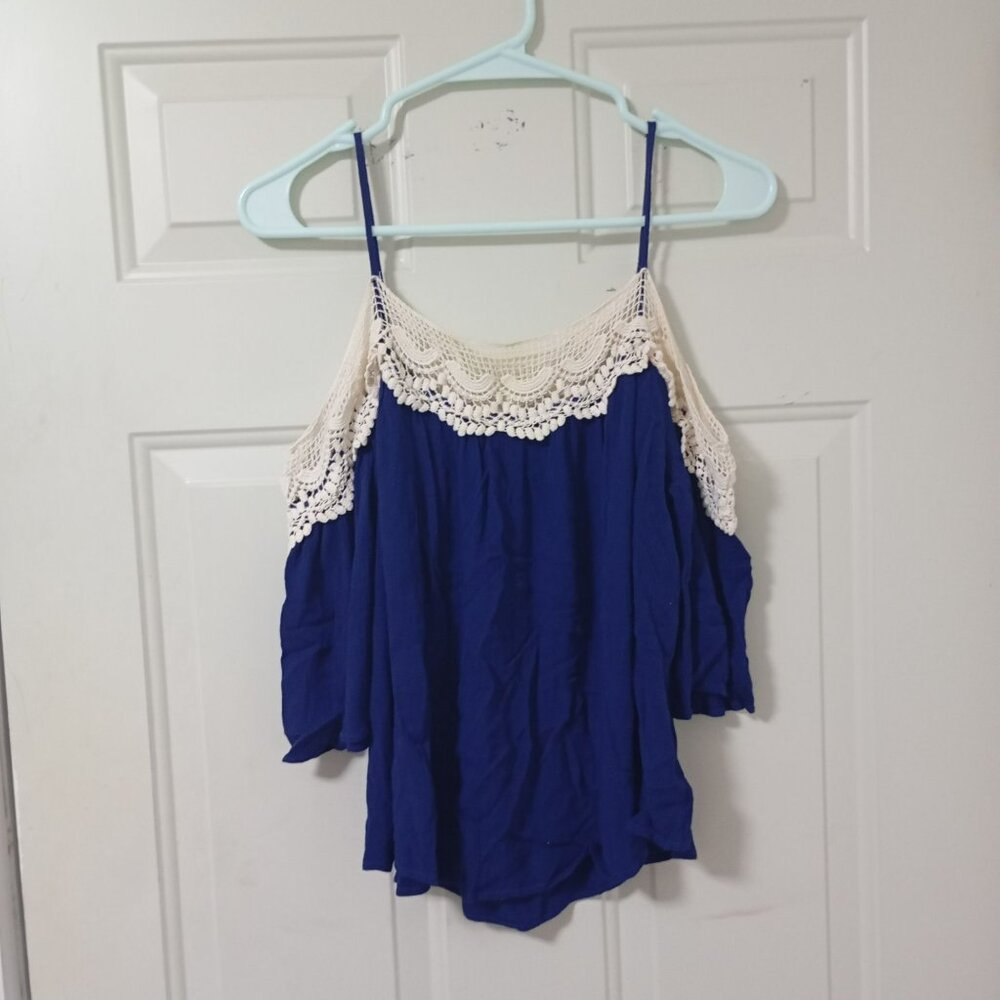 Romeo & Juliet Couture Blue Lace Trim Cami Top S 3/4 Sleeve With Bare Shoulders